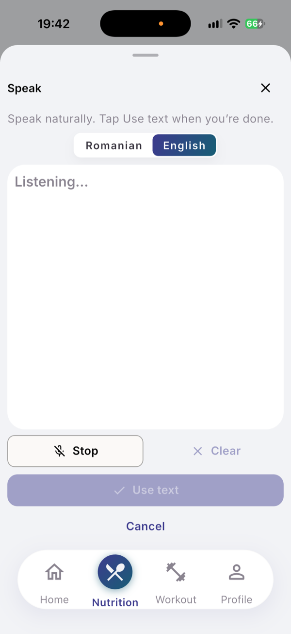 The Speak sheet listening, with a Romanian and English switch, Stop, Clear and Use text