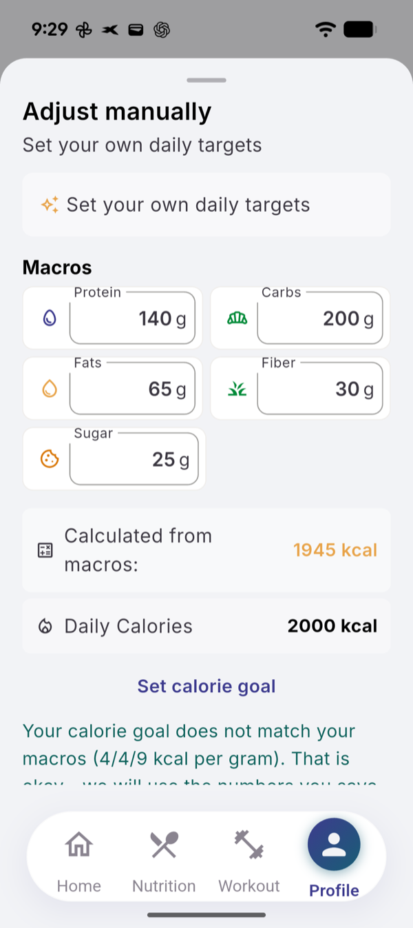 The Adjust manually sheet with protein, carbs, fats, fiber and sugar, the calories calculated from macros and the daily calorie goal