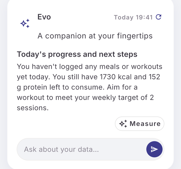 The Evo card after a day check: Today 19:41 with the refresh icon, today's progress and next steps, and a Measure chip