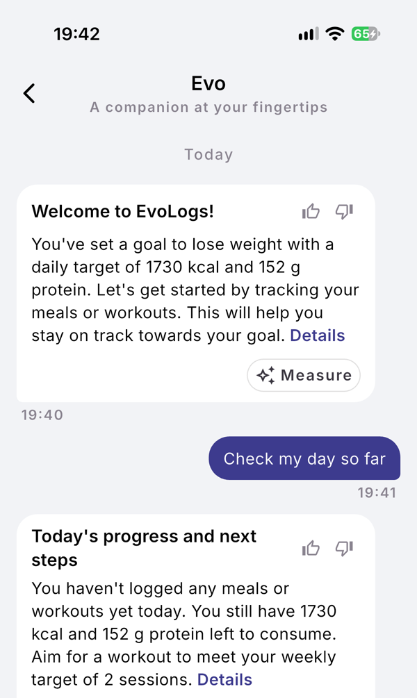The Evo thread: a welcome message with a Measure chip, the question "Check my day so far", and the answer marked "Day check"