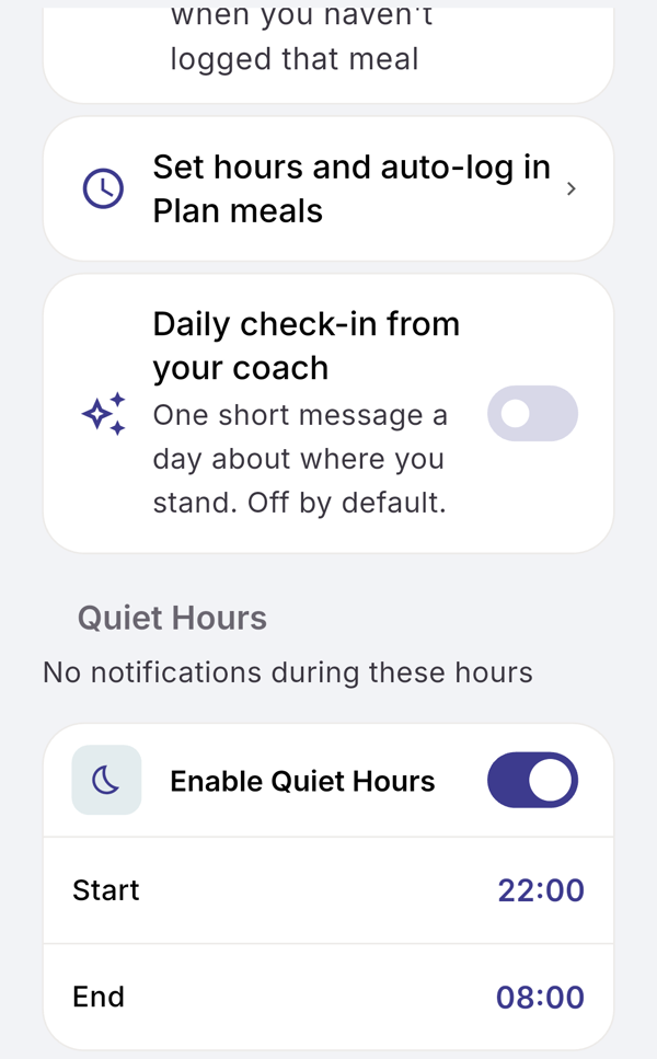 Notification settings: the daily check-in switched off, and quiet hours enabled from 22:00 to 08:00