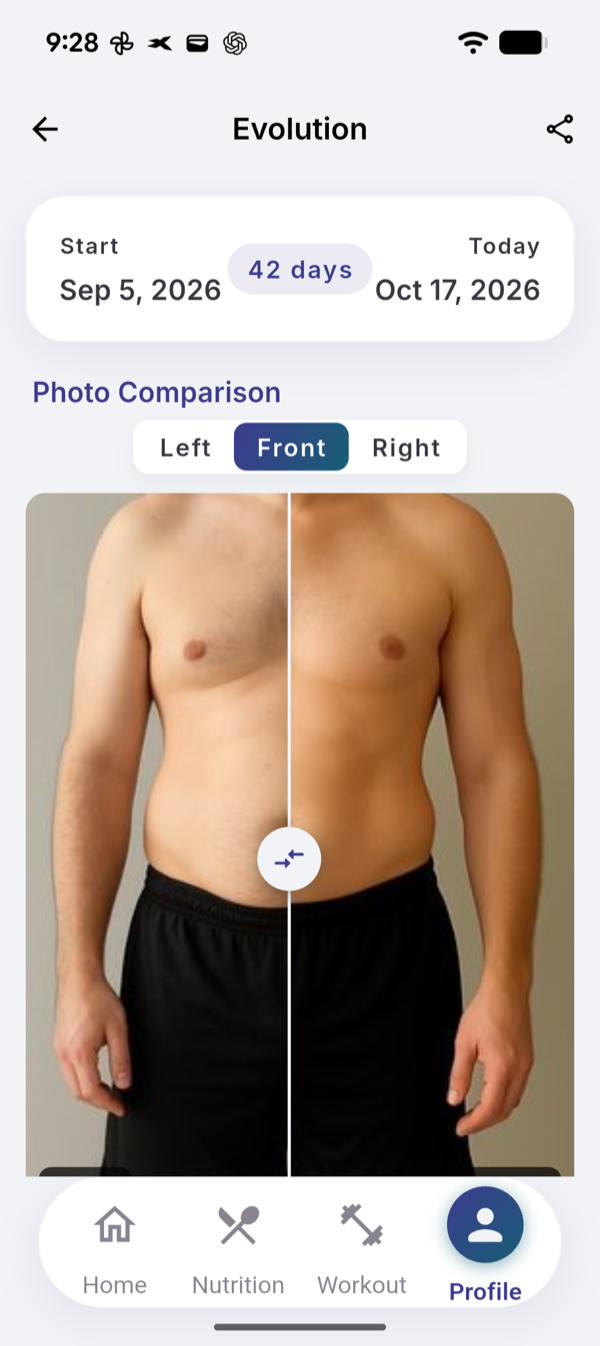 Evolution with 42 days between two entries and two Front photos split by a divider