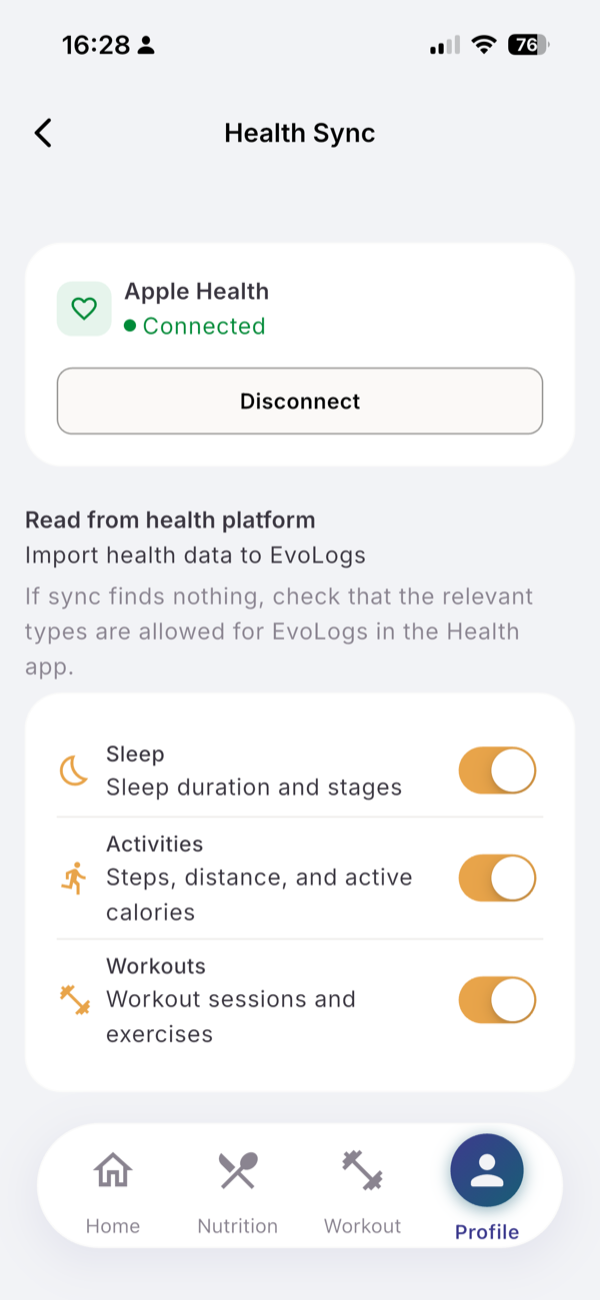 The Health Sync screen: Apple Health connected, and the read switches