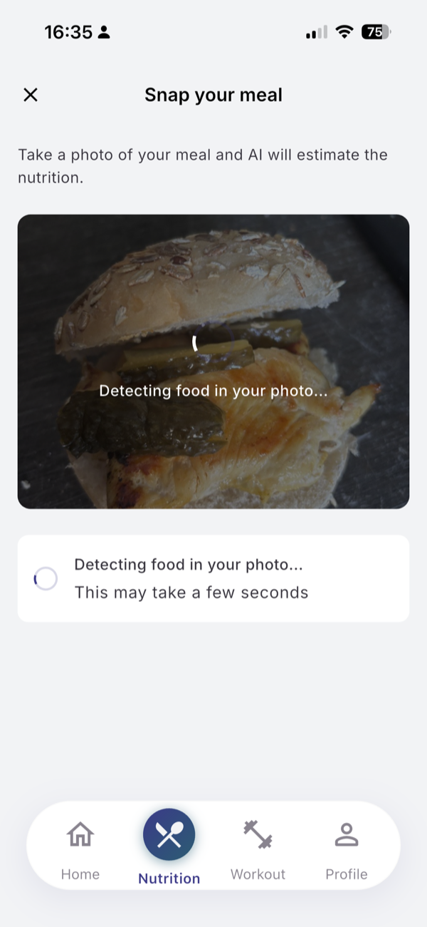 Snap your meal: a chicken sandwich photo with the status Detecting food in your photo...
