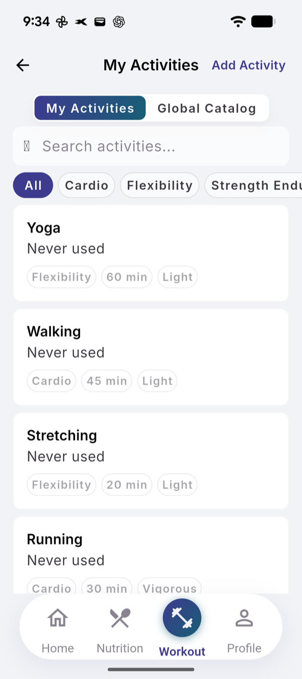 My Activities: Yoga, Walking, Stretching and Running with category, duration and intensity