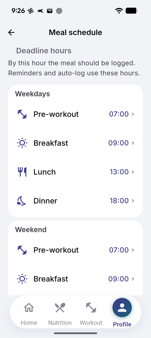 Meal schedule, Deadline hours: Weekdays with Pre-workout 07:00, Breakfast 09:00, Lunch 13:00, Dinner 18:00, and the Weekend column below