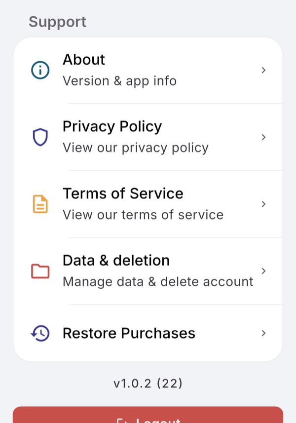 The Support section of Profile, with Data & deletion and Restore Purchases