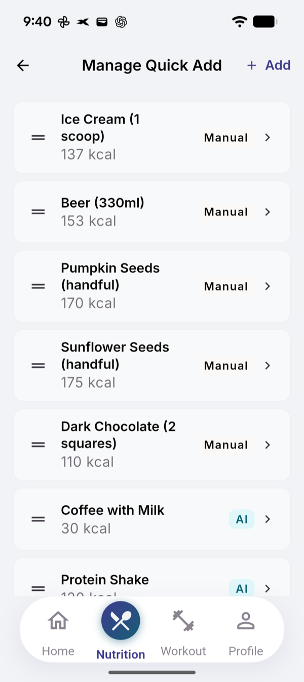 Manage Quick Add with shortcuts such as Beer (330ml) 153 kcal marked Manual and Coffee with Milk 30 kcal marked AI, each with a drag handle