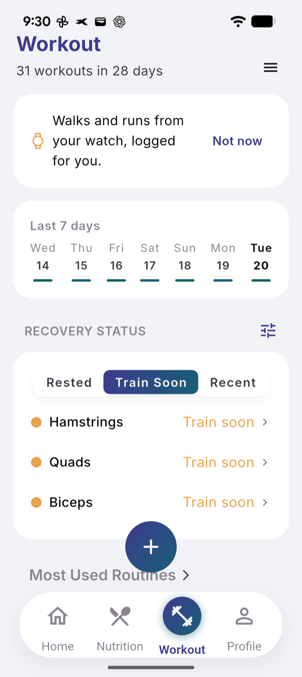 Recovery Status with Rested, Train Soon and Recent filters and three groups marked Train soon