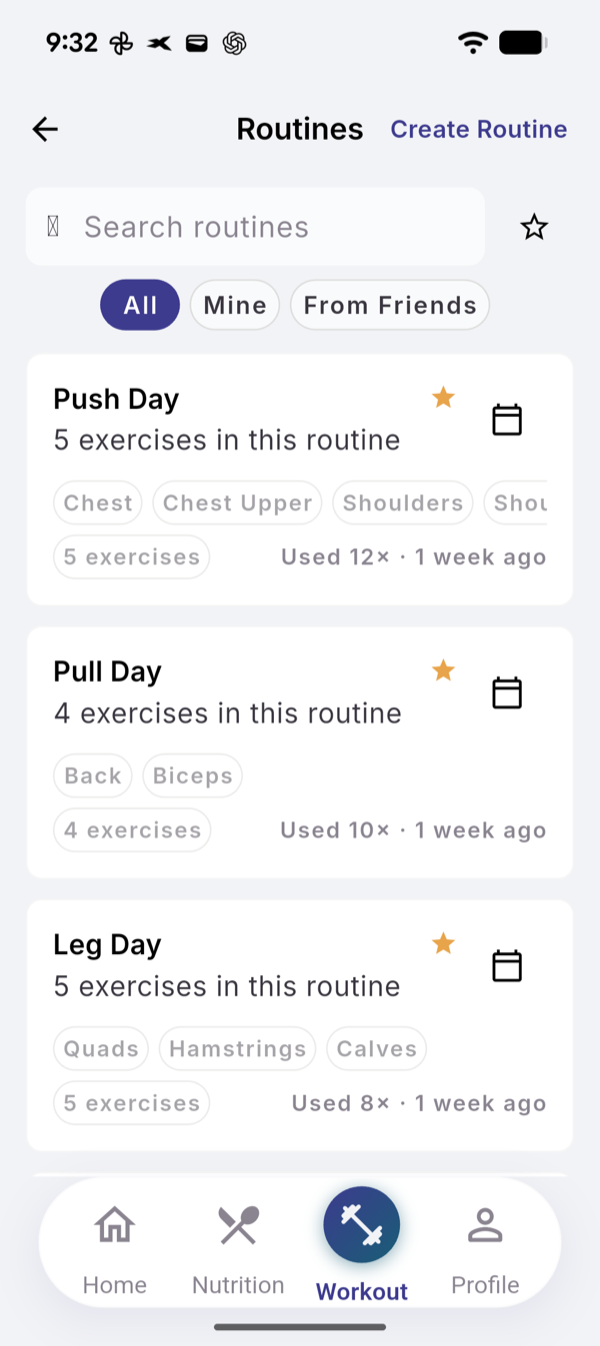 The Routines screen with All, Mine and From Friends filters and three routines