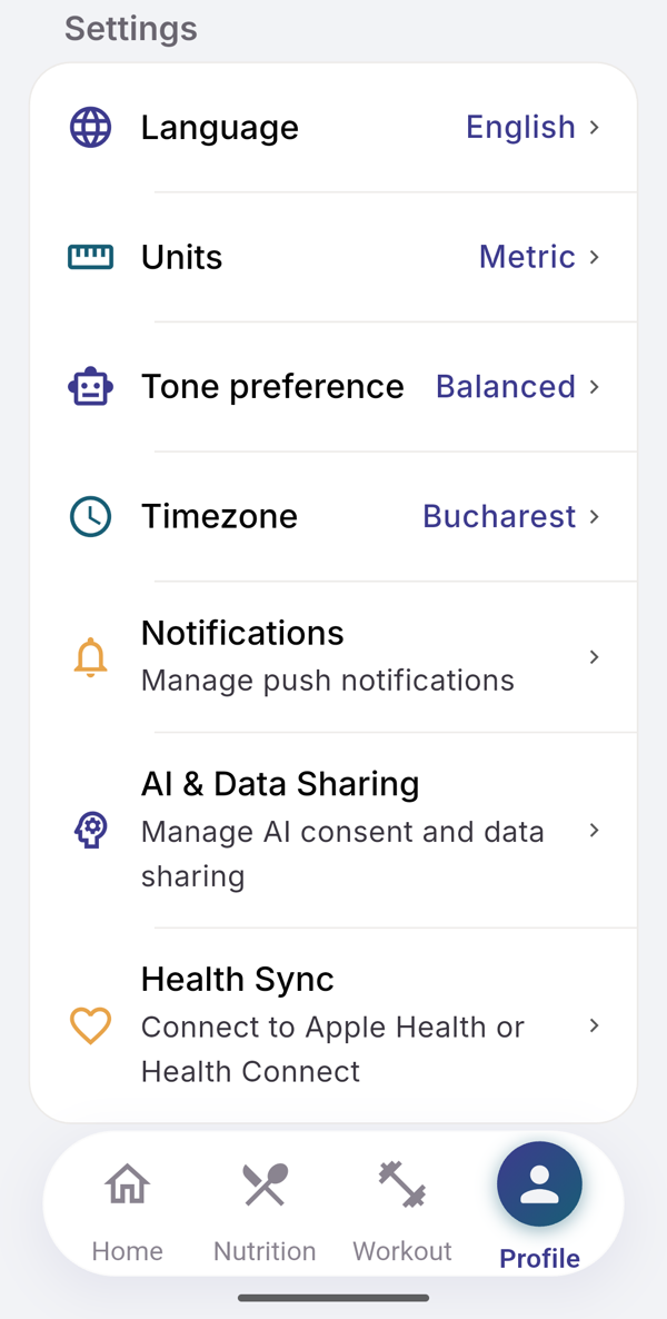 The Settings section of Profile with Language, Units, Tone preference and Timezone