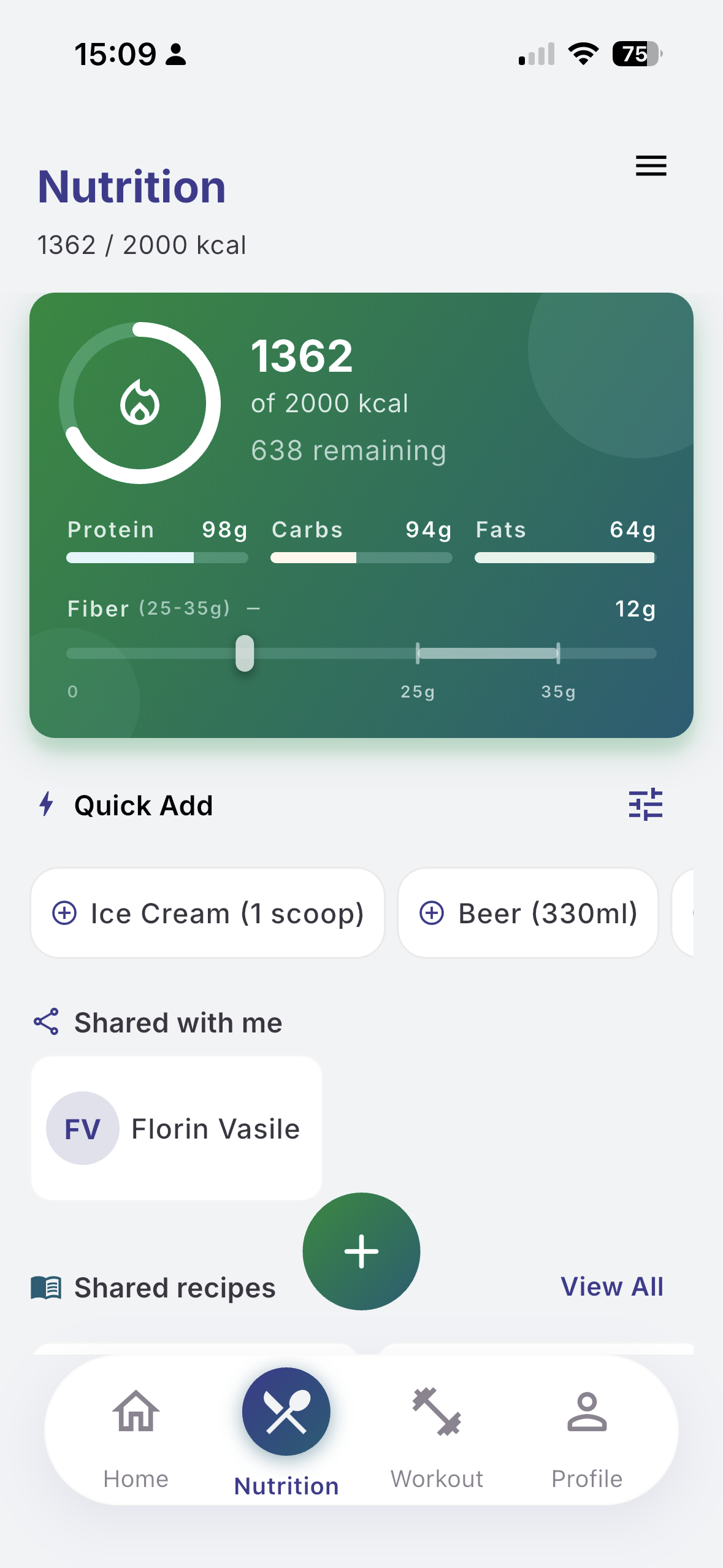 EvoLogs nutrition screen showing daily macros, quick-add chips, and today's meals