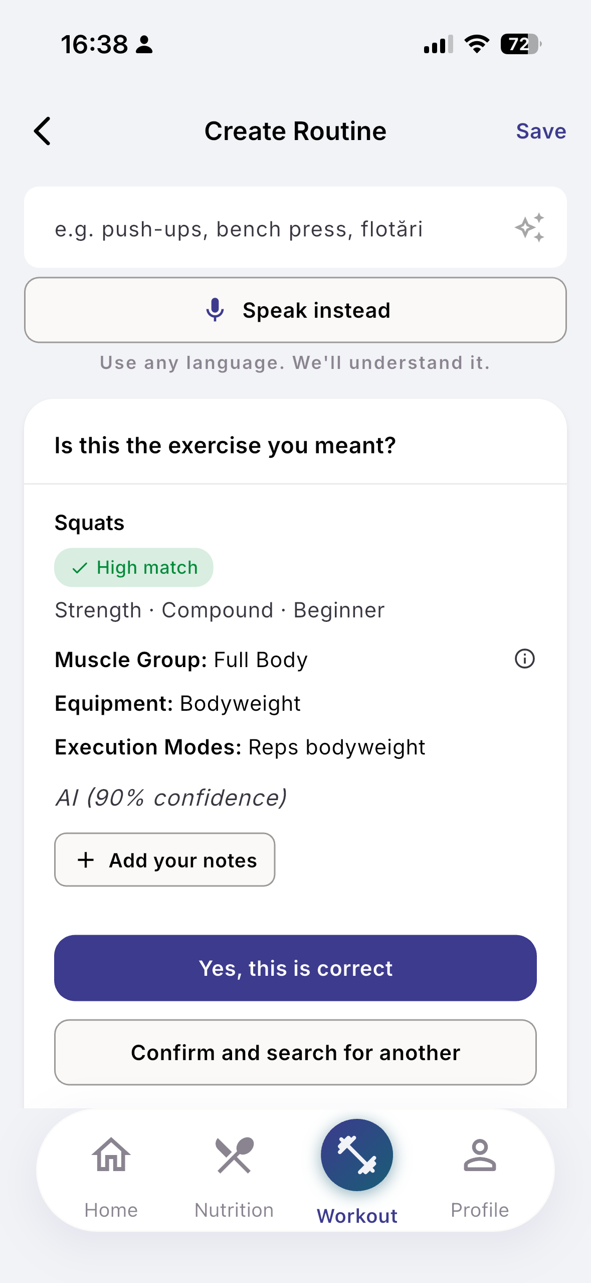 Create Routine screen with AI exercise detection