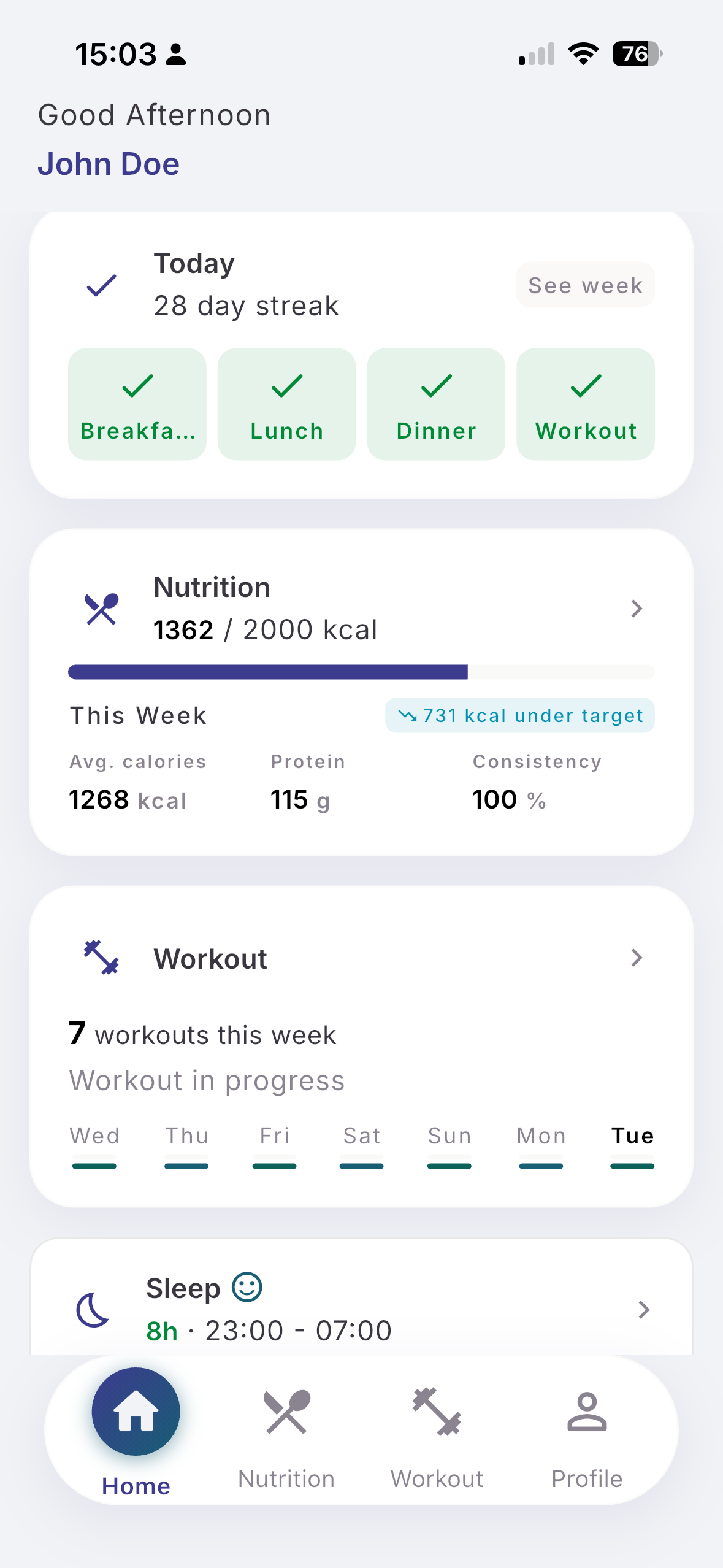 Lower dashboard showing weekly workout summary